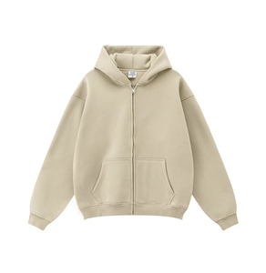Sudadera con capucha gris avena de algodón grueso unisex, estilo oversize, con cremallera completa, de felpa francesa, estilo streetwear. - Product Image 2
