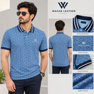Camisa Casual Europea de Manga Corta para Hombre WAHAB LEATHER, Azul Sólido, de Algodón/Fibra de Bambú Transpirable de 180g, con Logotipo Frontal y Cuello en Contraste - Product Image 2