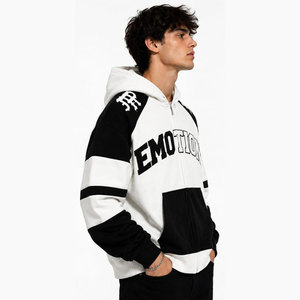 Sudadera con capucha para hombre, blanca y negra, con bloques de color, manga raglán, cierre de cremallera, de algodón tejido, estilo urbano, oversize, con logo frontal estampado, para otoño - Product Image 5