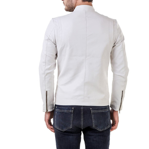 <b>Men's</b> <b>White</b> Genuine Leather <b>Jacket</b> - Slim Fit Stand Collar Biker Coat with Zipper Pockets - Product Image 1