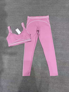 Ensemble de yoga 2 pièces pour femme, rose, avec leggings taille haute et brassière de sport dos nageur, coutures contrastées, sans couture, en Spandex et Polyester, longueur intégrale - Product Image 6