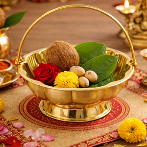 Bol de Pooja en laiton avec poignée, fait main, traditionnel, pour offrandes de Prasadam et de fleurs, support Urli pour la décoration de la maison, du temple et des festivals - Product Image 4