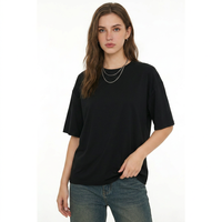Camiseta Negra Lisa de Cuello Redondo para Mujer, Talla Grande, Manga Regular, Tejido Jersey, Estilo Casual, Ecológica