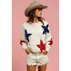 Suéter BiBi para mujer, color marfil, con lentejuelas y parches de estrellas, 302g, talla S - Product Image 4