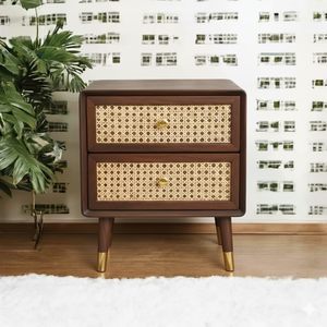 Mesa de Noche de Madera Maciza con Cajones de Ratán, Estilo Mid-Century, para Sala de Estar o Dormitorio - Product Image 1