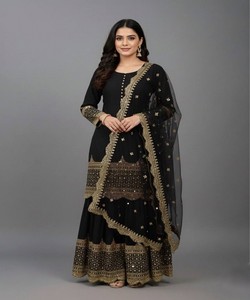 MODERN GEORGETTE EMBROIDERY SEQUENCE WORK WITH POTLI BUTTON WORK TOP SHARARA WITH DUPATTA 83318 PURPLE BLACK - Product Image 1