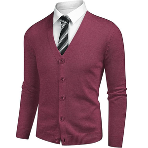 Suéter de Punto de Algodón para Hombre, Estilo Casual, Color Borgoña, Cuello en V, Manga Larga, Cierre de Botones, Corte Regular, para Otoño - Product Image 4