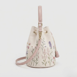 Floral Embroidered Cotton Canvas Bucket <b>Bag</b> Eco Friendly <b>Cream</b> Shopping <b>Bag</b> Pink Leatherette Trim Crossbody Handbag - Product Image 4