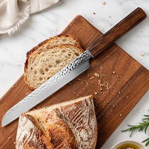 Custom Handmade Eco-Friendly Dishwasher Safe Forged <b>Bread</b> <b>Knife</b> in Damascus Steel with Wooden Handle and Leather Sheath - Product Image 1