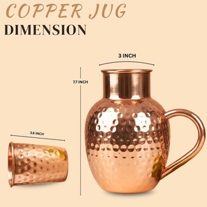Ensemble pichet et verres à eau en cuivre pur martelé artisanal de qualité supérieure – Carafe en cuivre massif artisanal avec tasses assorties – Ayurvédique - Product Image 2