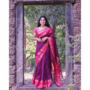 TRENDING BANSRASI SEDA SUAVE ZARI TRABAJO SAREE CON BLUSA DESCOSTADA ROSA - Product Image 1