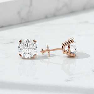 Boucles d'oreilles solitaires en diamant taille ronde, fermoir à vis classique, argent sterling 925, moissanite, plaqué or, cadeau pour elle - Product Image 4