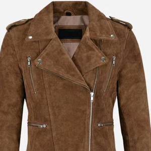 Women's Brown <b>Suede</b> Moto <b>Jacket</b> Full Sleeve Turn-down Collar Zipper Closure Autumn Style Sample Service Available - Product Image 2