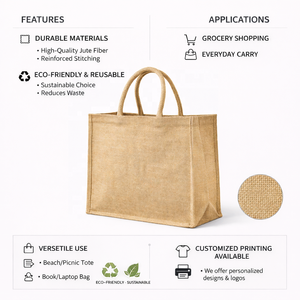 Bolsa de Compras de Yute Natural Ecológica Premium, Interior Laminado, Reutilizable, Biodegradable, Impresa con Serigrafía, para Compras, Playa - Product Image 3