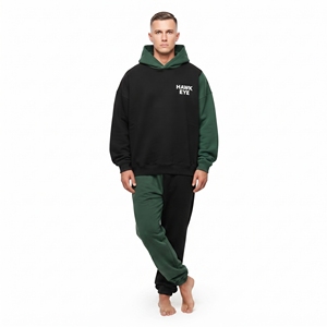 Conjunto de Sudadera con Capucha y Pantalones Deportivos de Dos Tonos para Hombre, Contraste Negro y Verde, Manga Larga, Corte Holgado, Informal, con Bolsillo Lateral - Product Image 6
