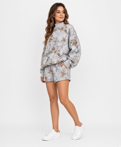 <b>Women's</b> Floral Print Turtleneck Sweatshirt Shorts Set Loose Fit Casual Knitted Polyester Cotton Two <b>Piece</b> <b>Outfit</b> - Product Image 1