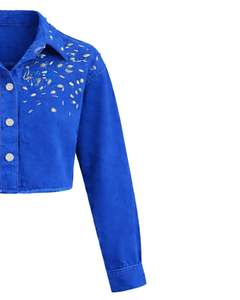 Chaqueta Vaquera Corta Azul Rey Personalizada para Mujer con Botones en los Hombros Adornados con Pedrería, Manga Larga, a la Moda - Product Image 4