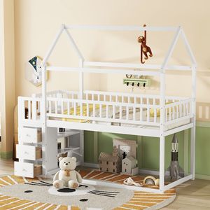 Letto a Castello per Bambini Bianco con Mensole e Cassetti - Product Image 2