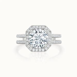 925 Sterling Silver Moissanite Halo Split Shank Engagement <b>Ring</b> Round Brilliant Wedding Band <b>Set</b> <b>for</b> <b>Women</b> - Product Image 1