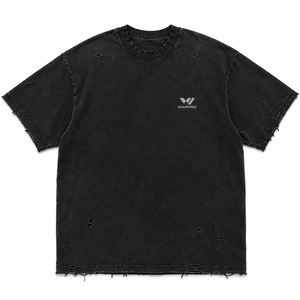 T-shirt noir surdimensionné pour homme WARPRO, manches courtes, coton, streetwear, col rond, design délavé et usé - Product Image 1