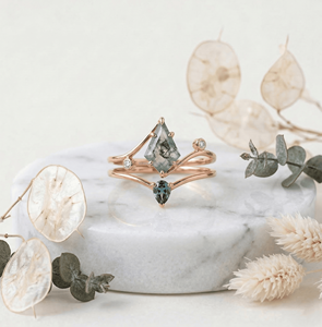 Juego de Anillos de Boda de Lujo al por Mayor con Zafiro Azul Verdoso, Corte Cometa, Ágata Musgosa, Joyería de Compromiso, Colección Vintage para Bodas - Product Image 1