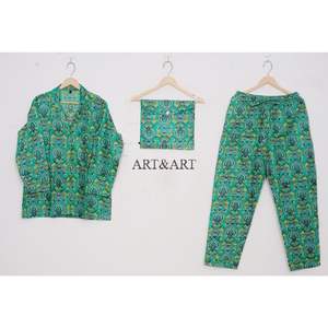 ชุดนอนผ้าฝ้ายแท้ 100% ลายพิมพ์ดอกไม้แบบบล็อกทำมือสไตล์อินเดีย สำหรับผู้หญิง ใส่สบาย ระบายอากาศได้ดี แห้งเร็ว เหมาะสำหรับใส่พักผ่อนในช่วงฤดูร้อน - Product Image 5