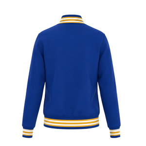 Veste universitaire bleu roi avec bordures rayées or et blanc, écusson à lettres grecques, boutons-pression, broderie, style baseball universitaire - Product Image 4