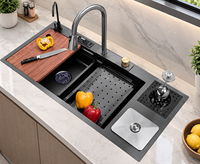 Évier de cuisine multifonction cascade en acier inoxydable intelligent noir avec affichage numérique LED, cuve unique, fait main, à encastrer sous plan