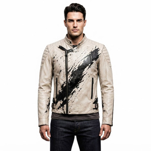 Custom Logo Men's Real Leather <b>Biker</b> <b>Jacket</b> Cream <b>White</b> Paint Splash Artwork Stand Collar Zip Cuffs Buckle Straps Private Label - Product Image 3