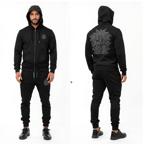 Chándal negro con capucha para hombre, con cremallera completa, bolsillo frontal, estampado de diamantes de imitación, informal, para otoño, 100% algodón. - Product Image 6