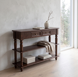 Console étroite vintage en chêne massif brun avec tiroirs, pieds et étagères inférieures pour entrée et salon – Garantie 3 ans - Product Image 3