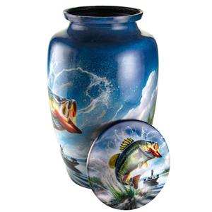 Urna Funeraria para Cremación 'Vamos a Pescar' - Blanca, Capacidad de 200 Pulgadas Cúbicas, Estilo Americano con un Pescador Atrayendo la Gran Captura - Product Image 3