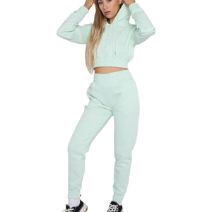 Ensemble jogging et sweat-shirt court à capuche vert menthe pour femme, manches longues, molletonné, décontracté, 2 pièces, couleur unie, coupe classique - Product Image 1