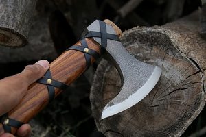 Handmade <b>Axe</b> Carbon Steel Blade Wood <b>Handle</b> With Leather Sheath Outdoor Knife - Product Image 2