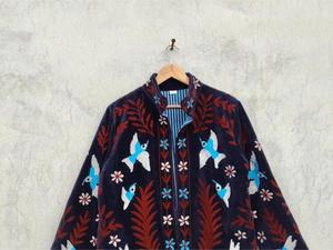 Veste en velours noir pour femmes, brodée de fleurs, style Suzani, avec motif d'oiseaux, manches longues, col montant, style bohème, manteau d'hiver pour femmes - Product Image 2