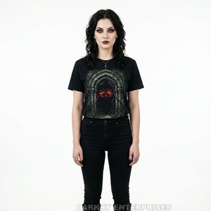 Camiseta personalizada para mujer con diseño de ojos de terror, camiseta gráfica gótica con puerta arqueada, tops con arte de criaturas oscuras, ropa urbana para mujer, fabricante - Product Image 1