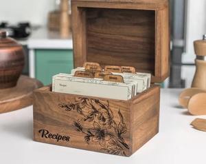 Boîte à recettes en bois avec séparateurs pour cartes de recettes, cadeau personnalisé, cartes recto-verso, boîte porte-recettes - Product Image 5