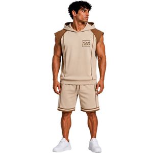 Custom Mens Beige Camel <b>Sleeveless</b> Hooded Tracksuit Set Custom Logo Gym Fitness Training Sports <b>Hoodie</b> And Shorts Activewear - Product Image 1