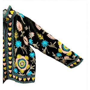 Hand Embroidered <b>Corduroy</b> <b>Jacket</b> <b>Women's</b> Stand Collar Autumn Regular Length Full Sleeve 100% Cotton Black With Colorful Pattern - Product Image 5