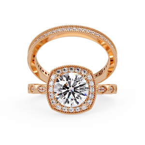 Cushion Halo Frame Round Cut Lab Diamond IGI Certified Diamond Dual Band Design 14K Pure Gold Milgrain Beaded Engagement Rings - Product Image 5