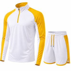 Ensemble short et pull à col zippé pour homme, blanc et jaune, tricoté, séchage rapide, style sportif, idéal pour l'été - Product Image 1