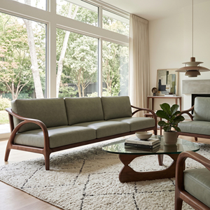 Sofá de Tres Plazas MT Furniture, Estilo Moderno de Mediados de Siglo, Tapizado en Cuero PU, Relleno de Espuma, Respaldo Firme, Brazos Curvos, Madera de Roble Sólido, para Sala de Estar - Product Image 3