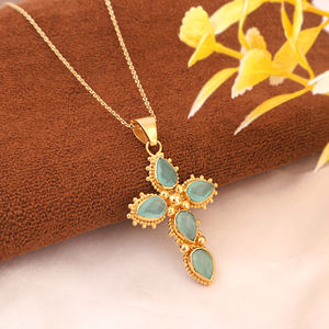 Joyería antigua de calcedonia acuamarina, colgante de cruz crucifijo chapado en oro de 18k, collar con cuentas de latón macizo, joyería religiosa de diseño. - Product Image 3
