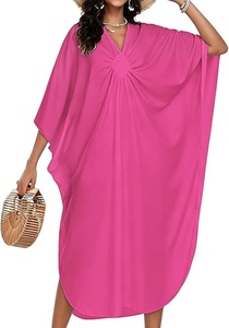 Robe Kaftan ample à col en V et manches courtes pour femme, couleur unie, longueur midi, tissée, style décontracté, idéale pour la plage en été - Product Image 2