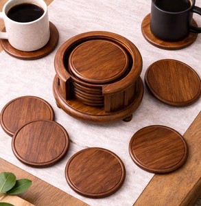 ชุดจานรองแก้วไม้มะม่วงแท้พร้อมที่วาง |   แผ่นรองแก้วทรงกลมสไตล์เรียบง่าย - Product Image 1
