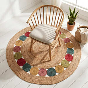 Designer Handmade <b>Round</b> Braided Jute Rug with Colorful Decorative Border for Bohemian Home Décor - Product Image 1