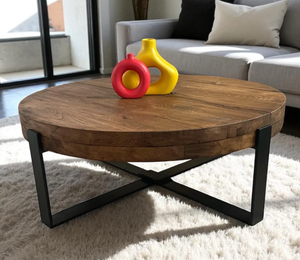 Mesa de Centro Contemporánea Redonda de Madera Maciza y Metal |   Mesa Auxiliar Multifuncional para Sala de Estar, Muebles para el Hogar - Product Image 6