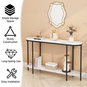 Consolle a 2 livelli con ripiani stretti e specchio effetto marmo per ingresso, soggiorno o camera da letto - 31283576 - Product Image 2