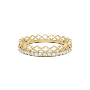 Double Band Clover Designer Ring 18K Solid Gold Four Leaf Ring Full Eternity Engagement Band Minimalist Round Lab Diamond Ring - Product Image 4