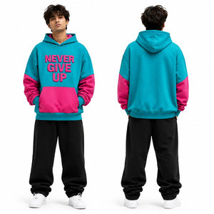 Sudadera con Capucha Unisex Oversize Never Give Up, Estampado Color Block, Felpa Francesa, Estilo Casual para Otoño, Rosa Verde Azulado - Product Image 6